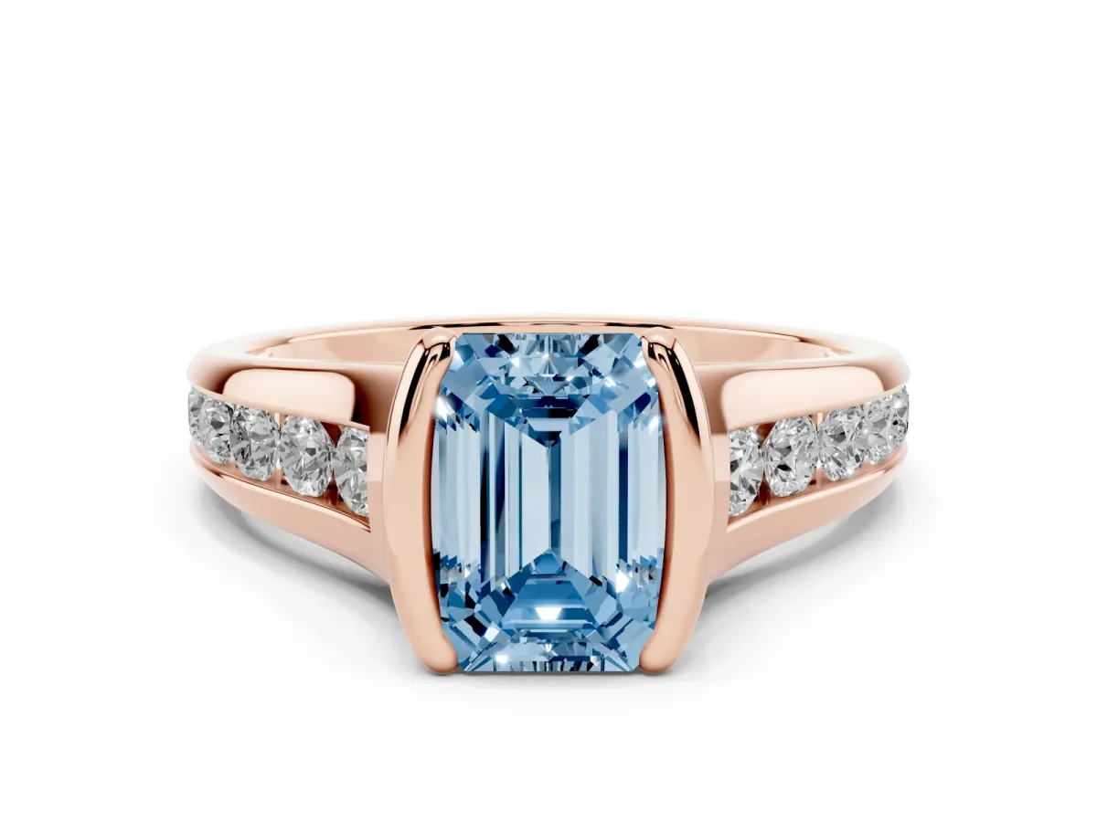Fancy Blue Emerald Cut Solitaire Bezel-Set Diamond Ring with Channel-Set Band Rose gold