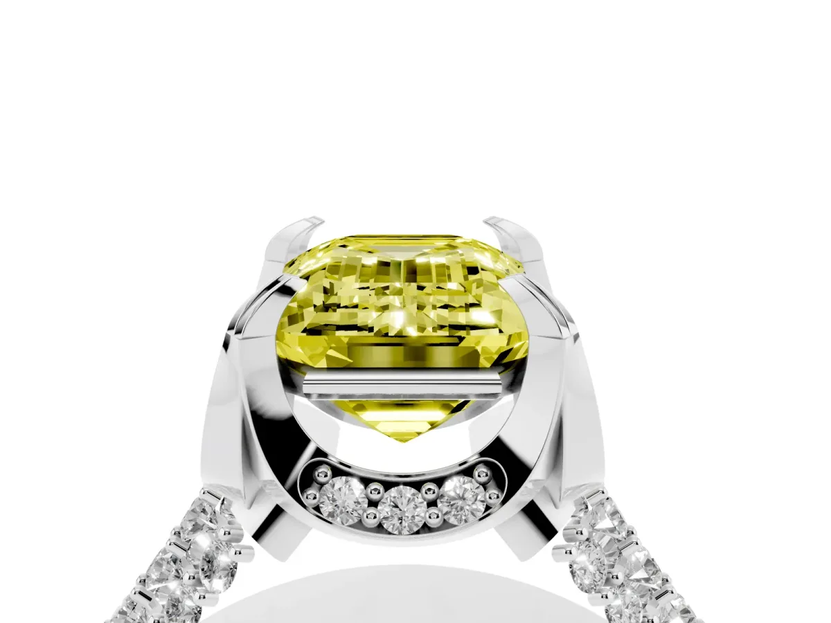Fancy Yellow Emerald Cut Solitaire Pave Split Shank Ring with Four-Prong Setting Platinum