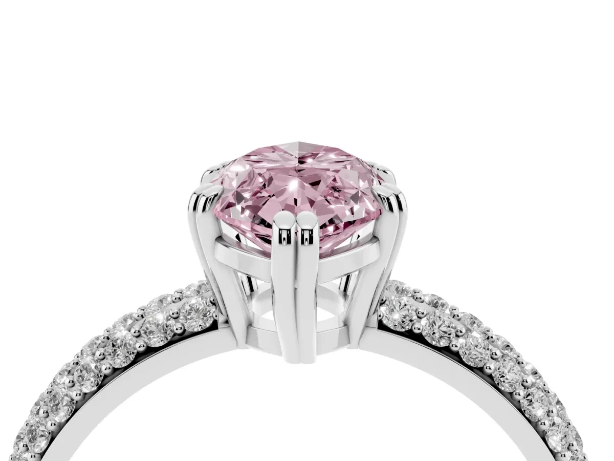 Fancy Pink Marquise Cut Diamond Solitaire Ring with Multi-Row Round Pavé Band and Prong Setting Platinum