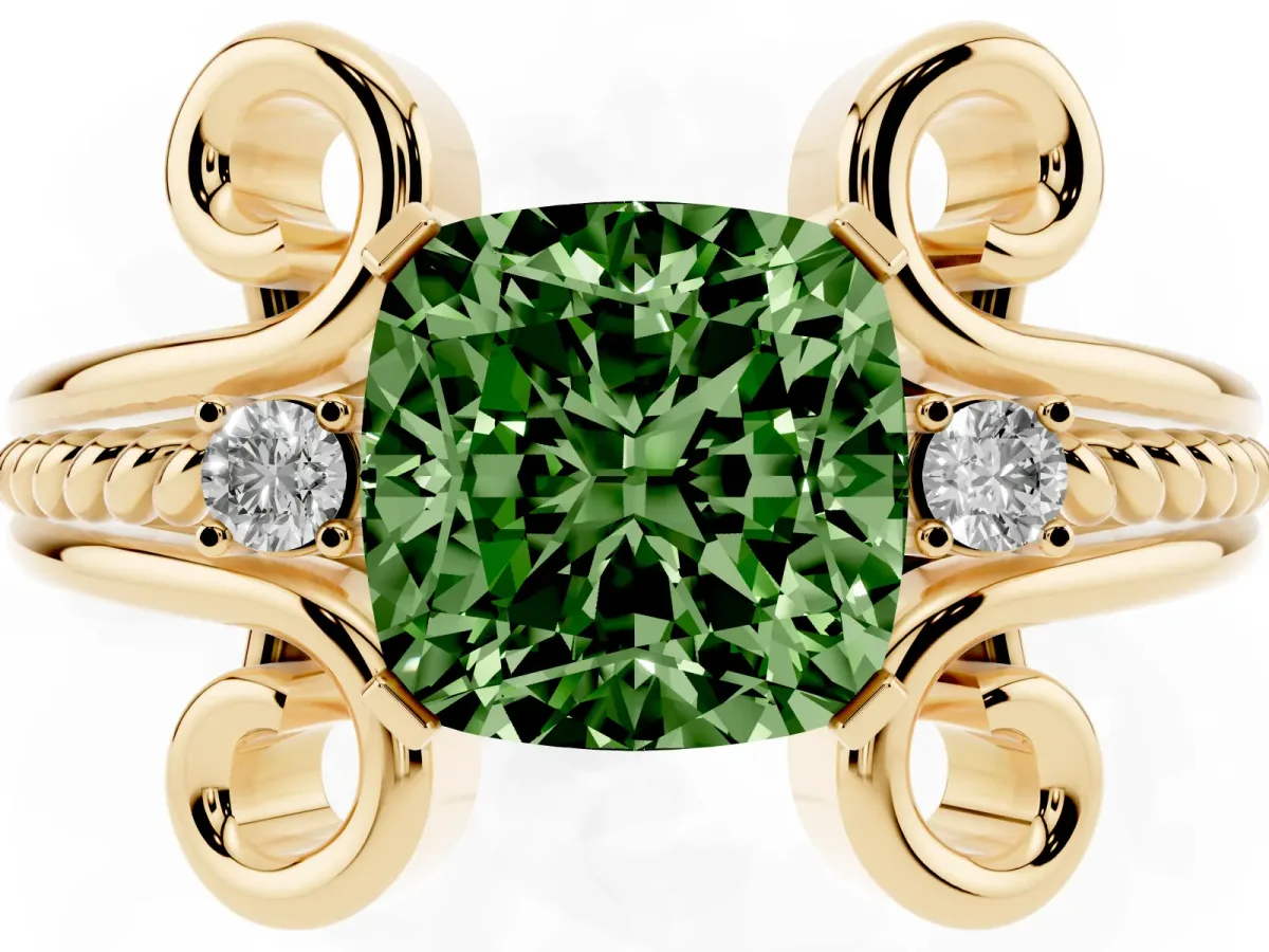 Fancy Green Cushion Cut Solitaire Twisted Band Scroll Prong Ring Yellow gold