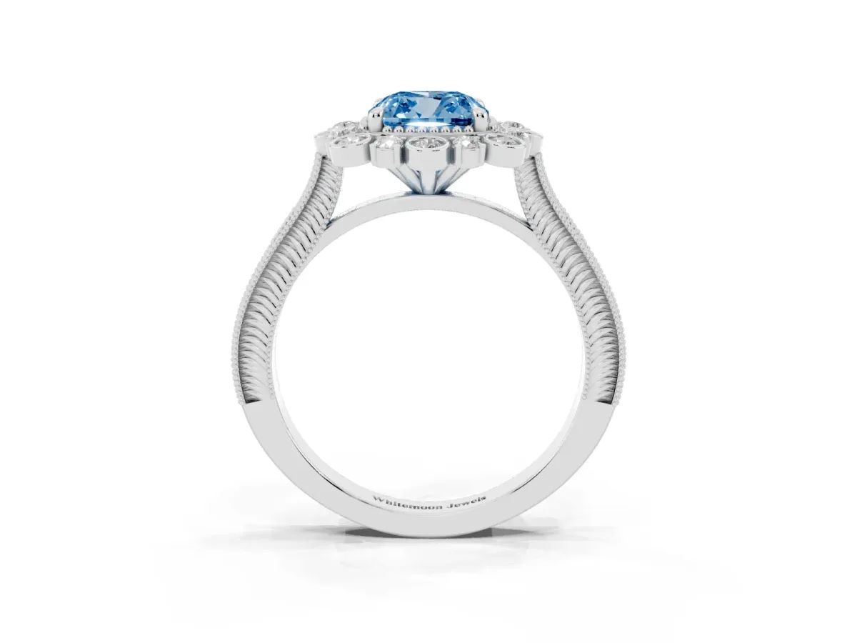 Fancy Blue Cushion Cut Halo Milgrain Pave Diamond Ring with Four-Prong Setting Silver
