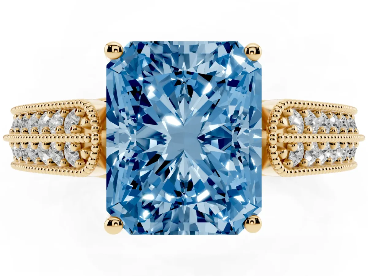 Fancy Blue Radiant Cut Cut Pave Split Shank Engagement Ring with Four-Prong Setting Yellow gold