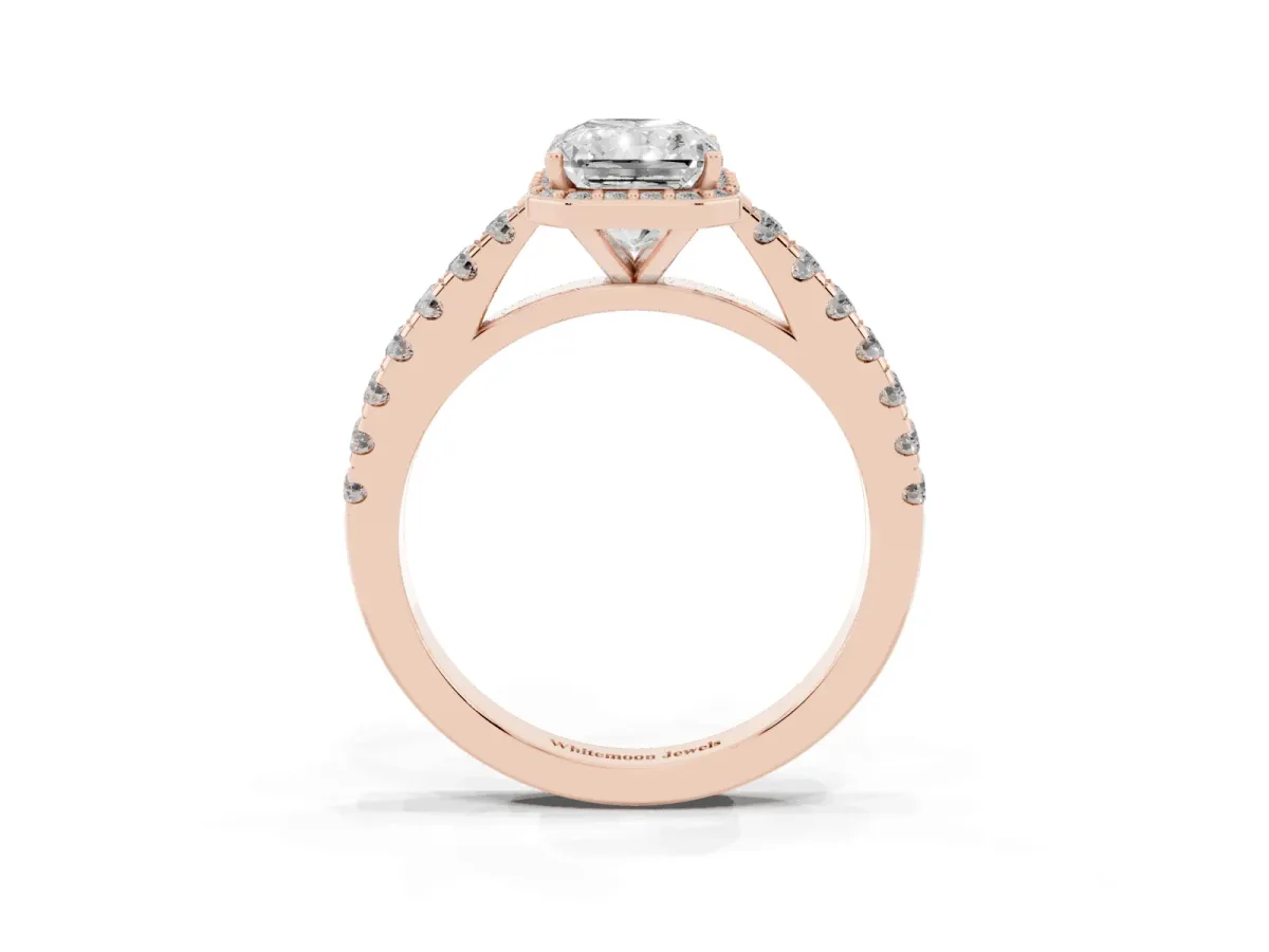 Radiant Cut Cut Halo Diamond Engagement Ring with Pave Band and Four-Prong Setting Rose gold