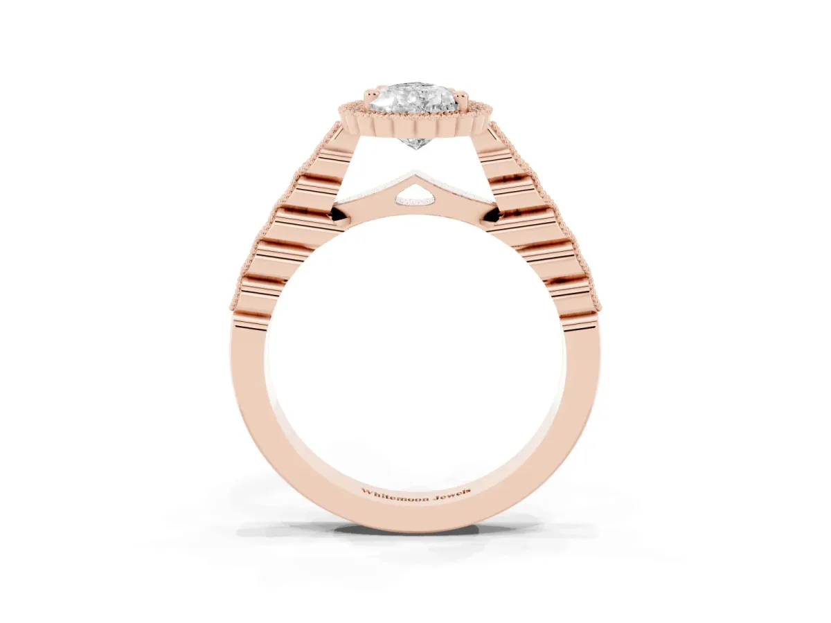 Pear Cut Cut Halo Pavé Solitaire Ring with Milgrain Band Rose gold