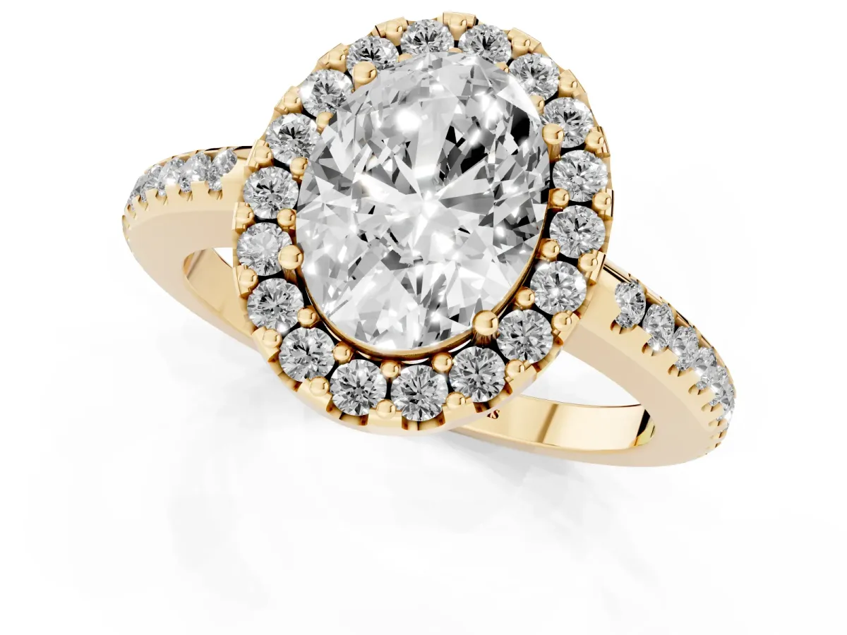 Oval Cut Diamond Pavé Halo Ring with Four-Prong Setting Yellow gold