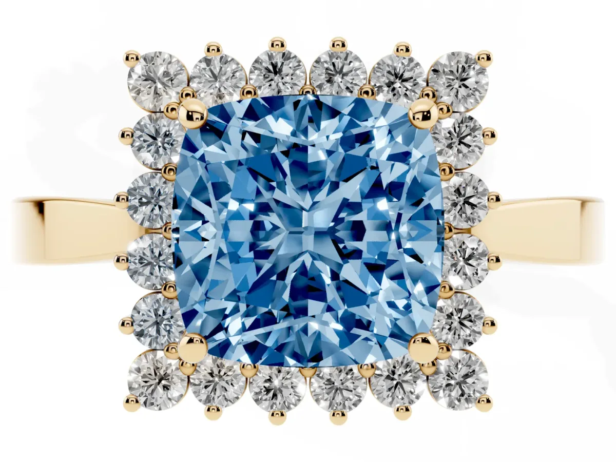 Fancy Blue Cushion Cut Cut Diamond Halo Ring with Round Brilliant Halo and Solitaire Band Yellow gold
