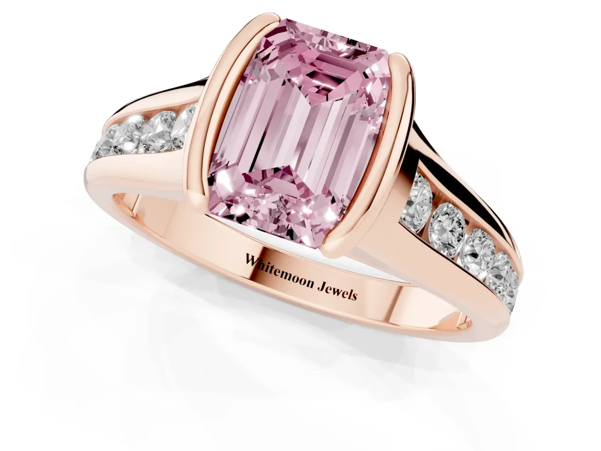Fancy Pink Emerald Cut Solitaire Bezel-Set Diamond Ring with Channel-Set Band Rose gold