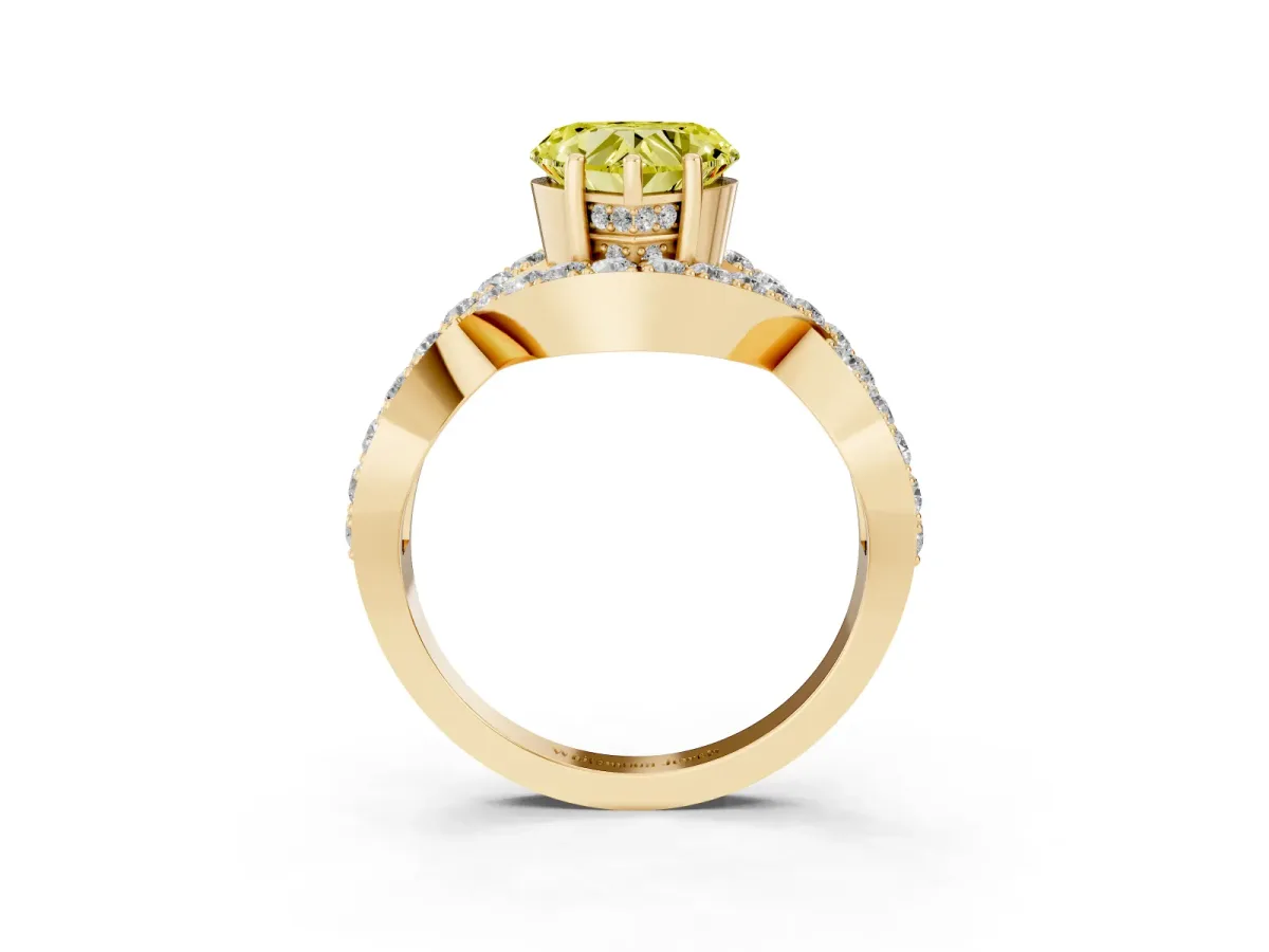 Fancy Yellow Heart Cut Solitaire Twist Band Pavé Diamond Engagement Ring Yellow gold