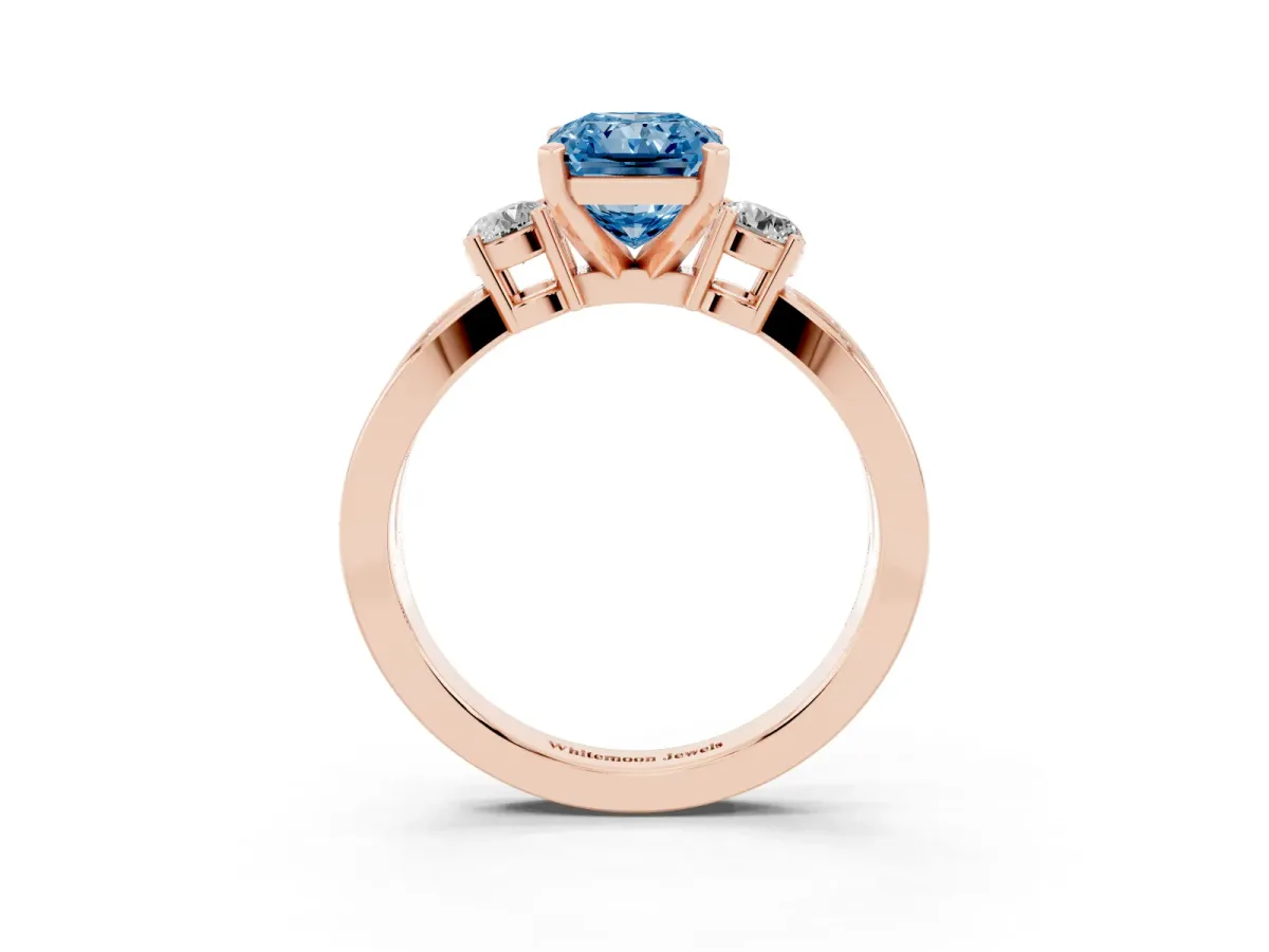Fancy Blue Three-Stone Radiant Cut Cut Diamond Twist Band with Prong Setting Rose gold