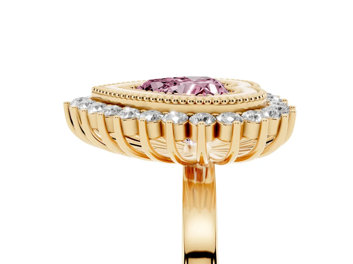 Fancy Pink Heart Cut Halo Diamond Ring with Milgrain Edge and Round Prong Setting Yellow gold