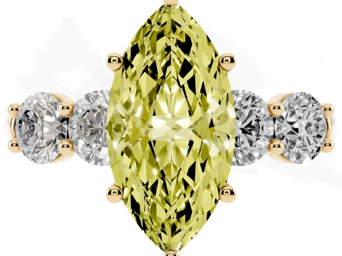 Fancy Yellow Marquise Cut Cut Five-Stone Prong Set Diamond Ring with Classic Band Yellow gold