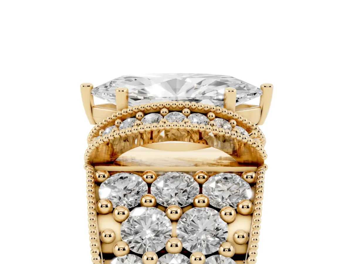 Marquise Cut Halo Pave Diamond Engagement Ring with Milgrain Detailing Yellow gold