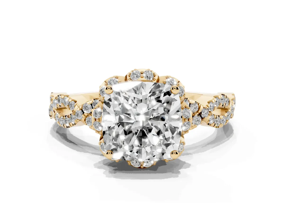 Cushion Cut Halo Twist Band Solitaire Ring with Six-Prong Setting Yellow gold