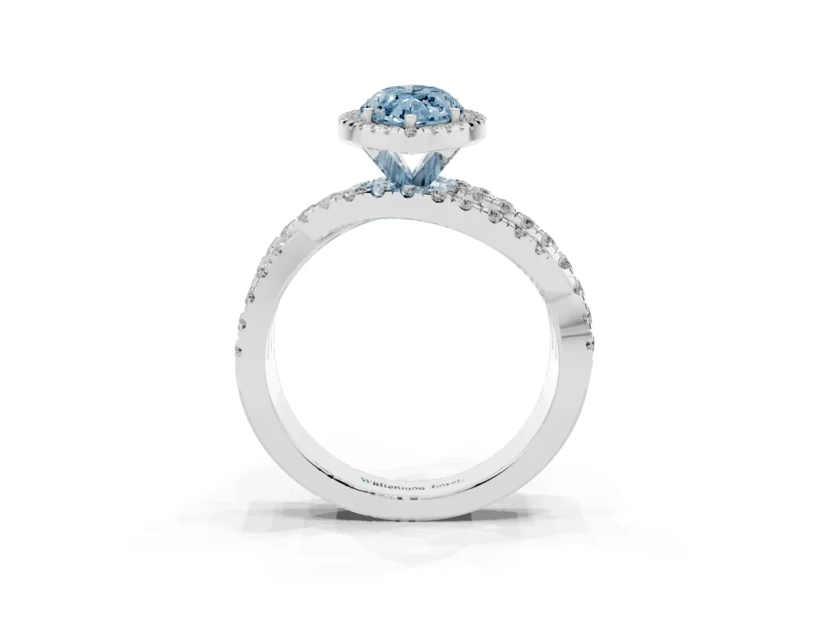 Fancy Blue Marquise Cut Diamond Halo Ring with Round Split Shank and Prong Setting Platinum