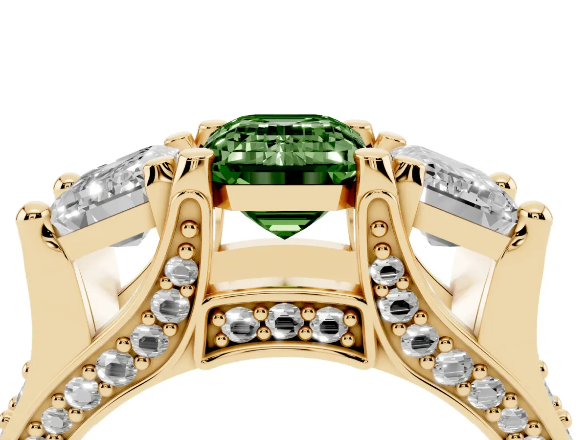 Fancy Green Emerald Cut Diamond Three-Stone Ring with Channel Set Band and Four-Prong Setting Yellow gold