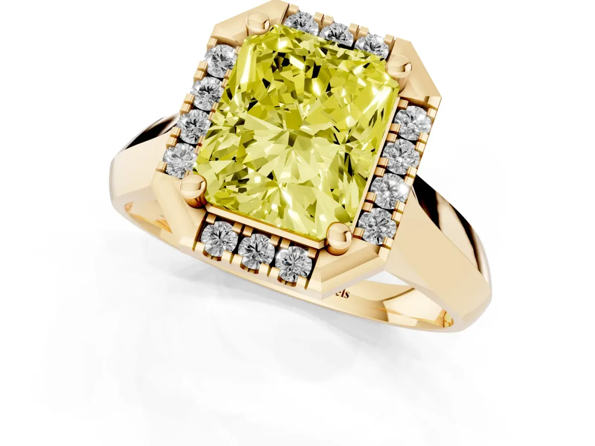 Fancy Yellow Radiant Cut Cut Halo Solitaire Engagement Ring with Square Band and Four-Prong Setting Yellow gold