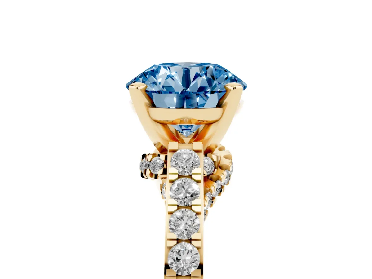 Fancy Blue Round Cut Diamond Solitaire Ring with Crossover Gallery and Round Pavé Band Yellow gold