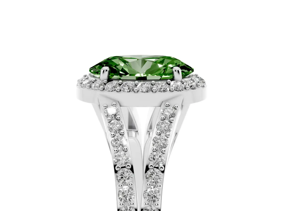 Fancy Green Oval Cut Halo Split Shank Diamond Ring with Prong Setting Silver