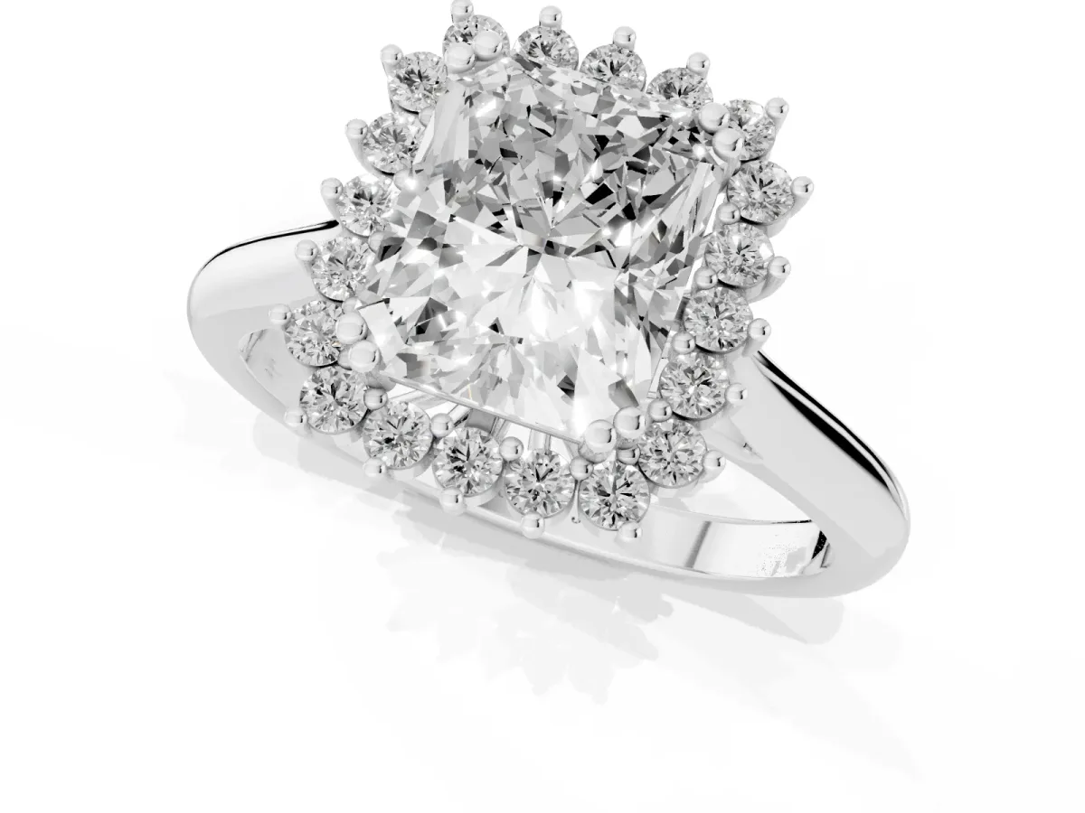 Radiant Cut Cut Diamond Halo Ring with Solitaire Band and Prong Setting White gold