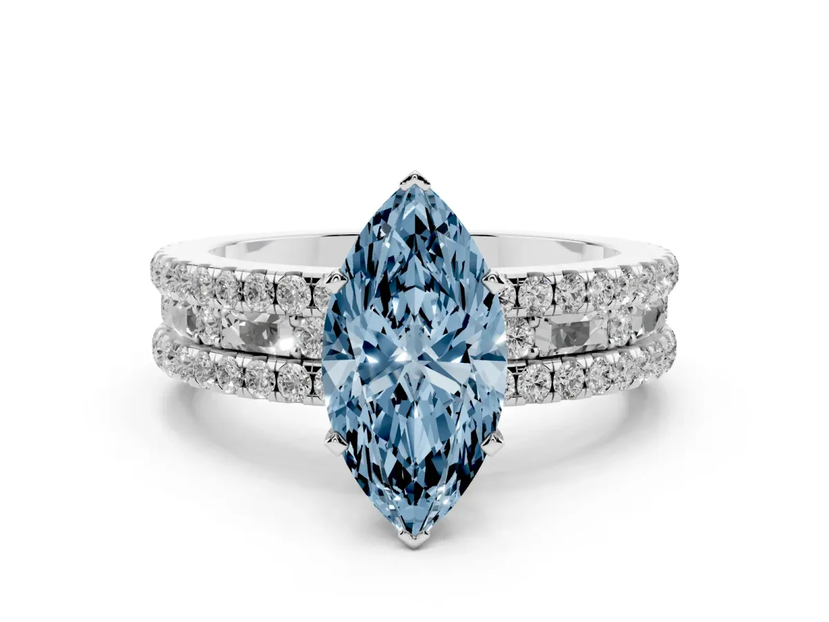 Fancy Blue Marquise Cut Diamond Solitaire Ring with Pavé and Channel Set Band Silver