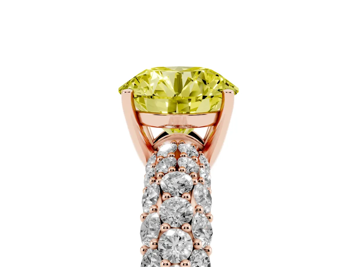 Fancy Yellow Round Cut Diamond Pavé Band Solitaire Ring with Four-Prong Setting Rose gold