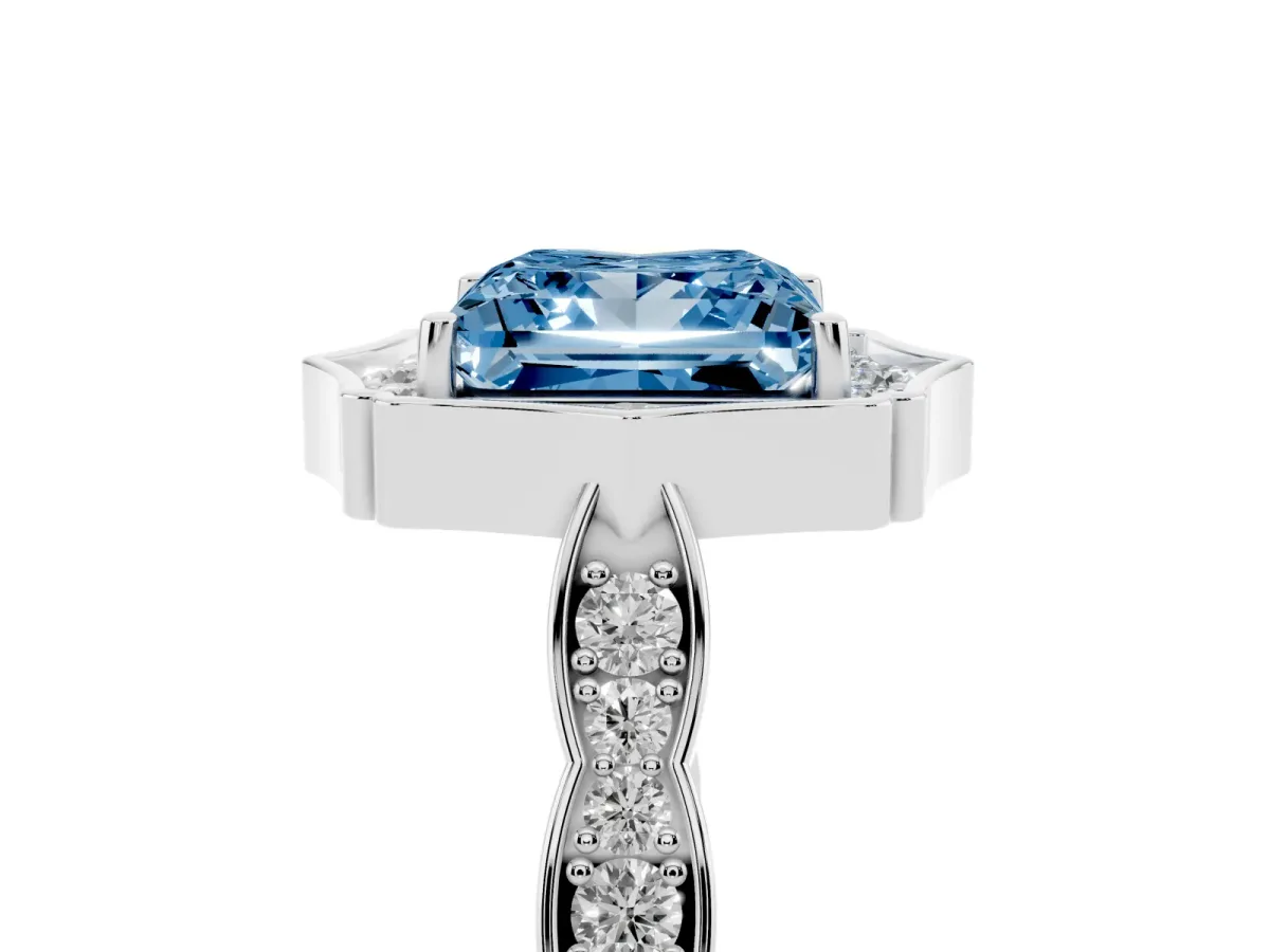 Fancy Blue Princess Cut Halo Diamond Engagement Ring with Milgrain Band and Four-Prong Setting Silver