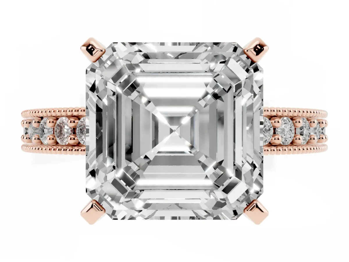 Asscher Cut Diamond Milgrain Pavé Engagement Ring with Four-Prong Setting Rose gold