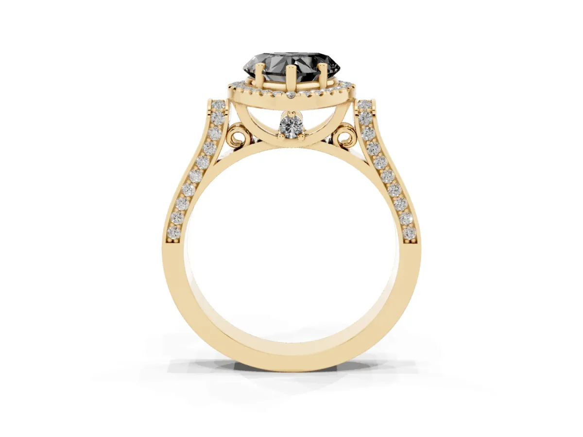 Fancy Black Heart Cut Halo Round Diamond Twist Band with Four-Prong Setting Yellow gold