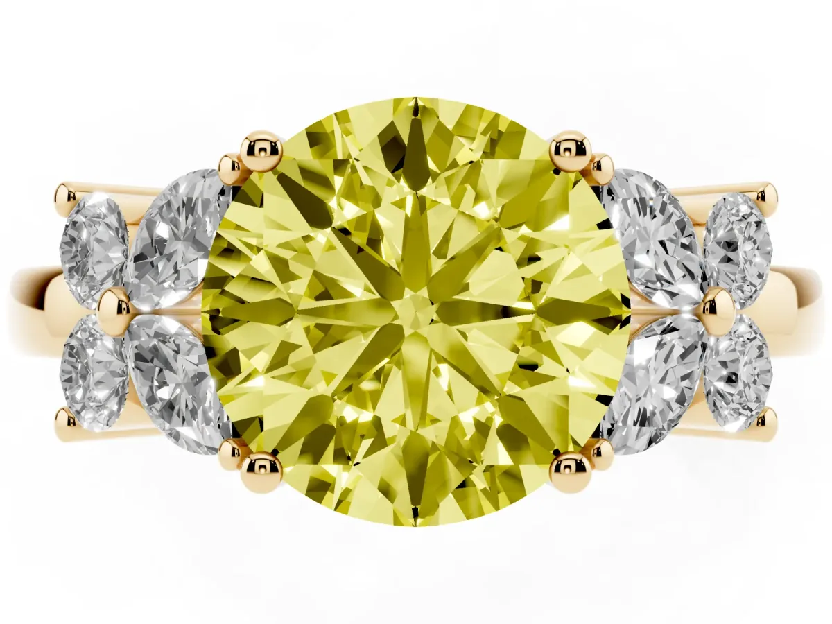 Fancy Yellow Round Cut Diamond Floral Cluster Ring with Solitaire Band and Prong Setting Yellow gold