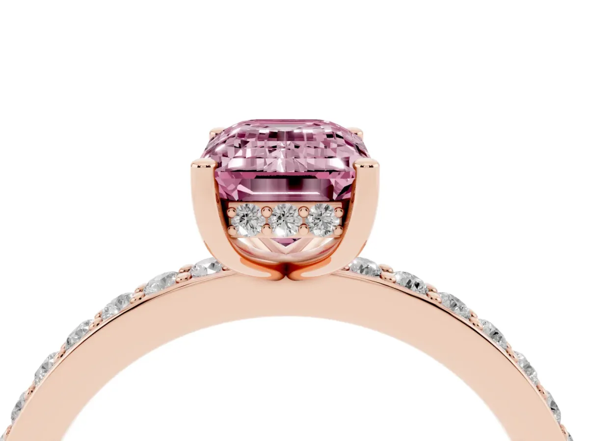 Fancy Pink Emerald Cut Cut Diamond Pavé Band Ring with Four-Prong Setting Rose gold