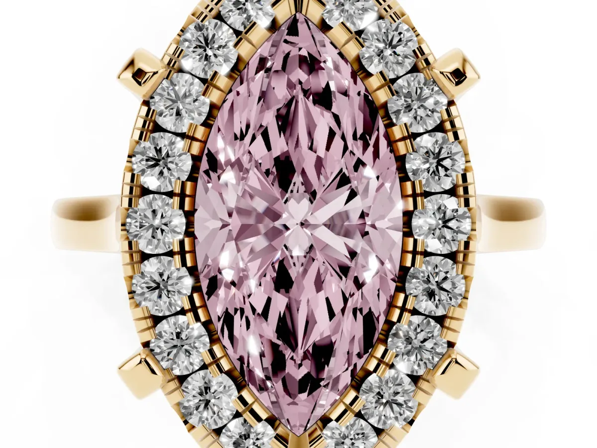 Fancy Pink Marquise Cut Diamond Cluster Halo Solitaire with Four-Prong Setting Yellow gold