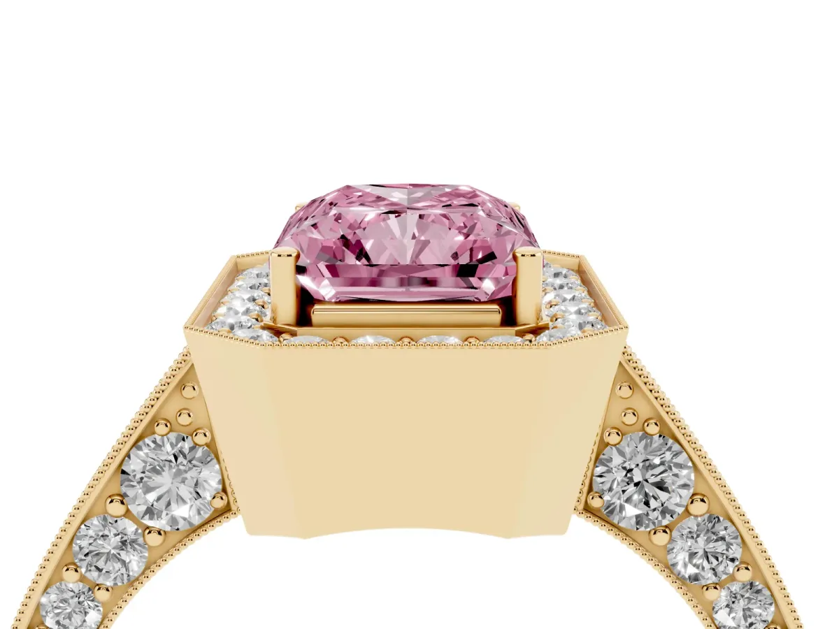 Fancy Pink Radiant Cut Halo Diamond Engagement Ring with Split Shank Band and Four-Prong Setting Yellow gold