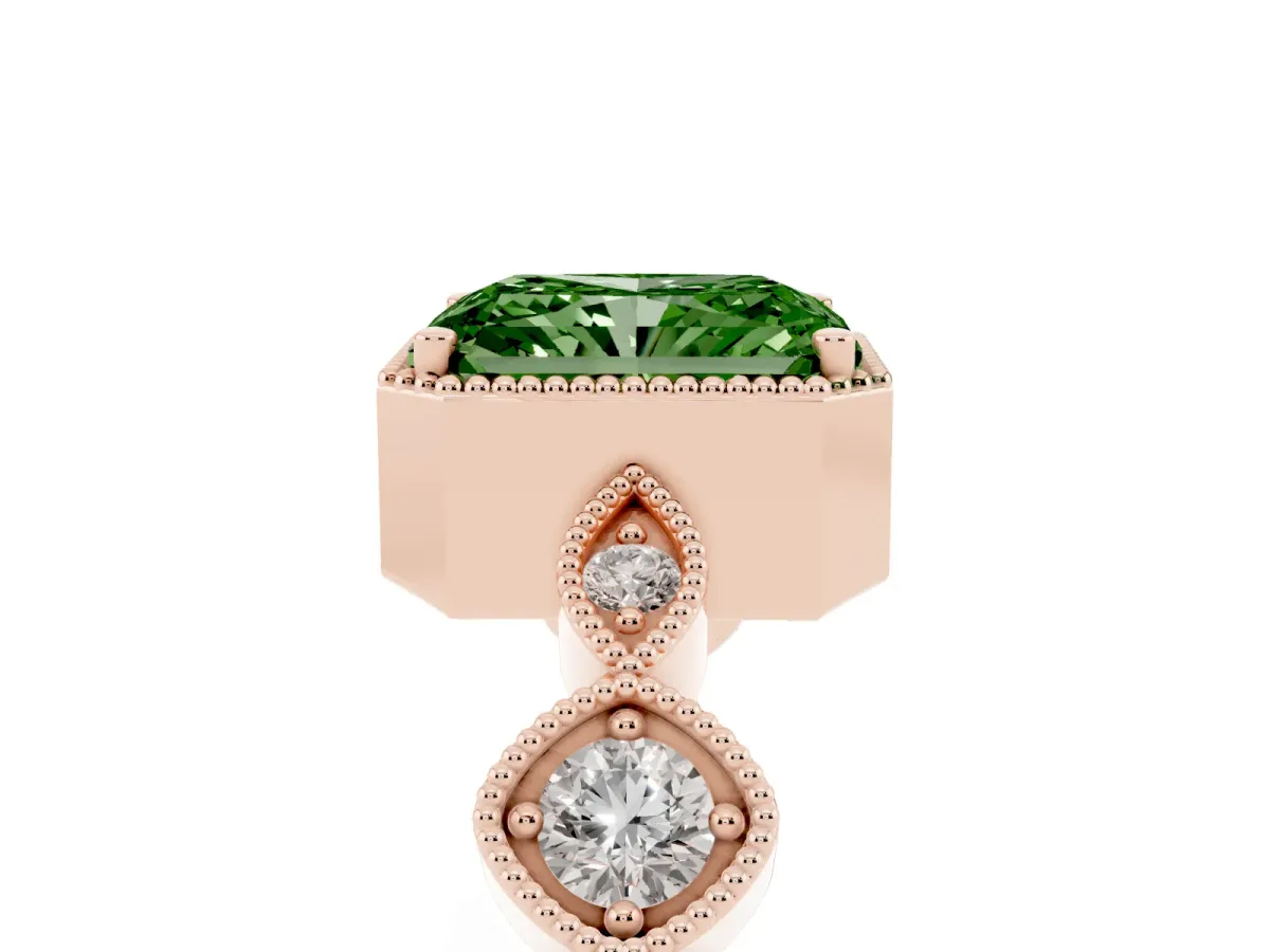 Fancy Green Radiant Cut Diamond Vintage Milgrain Ring with Round Stations Rose gold