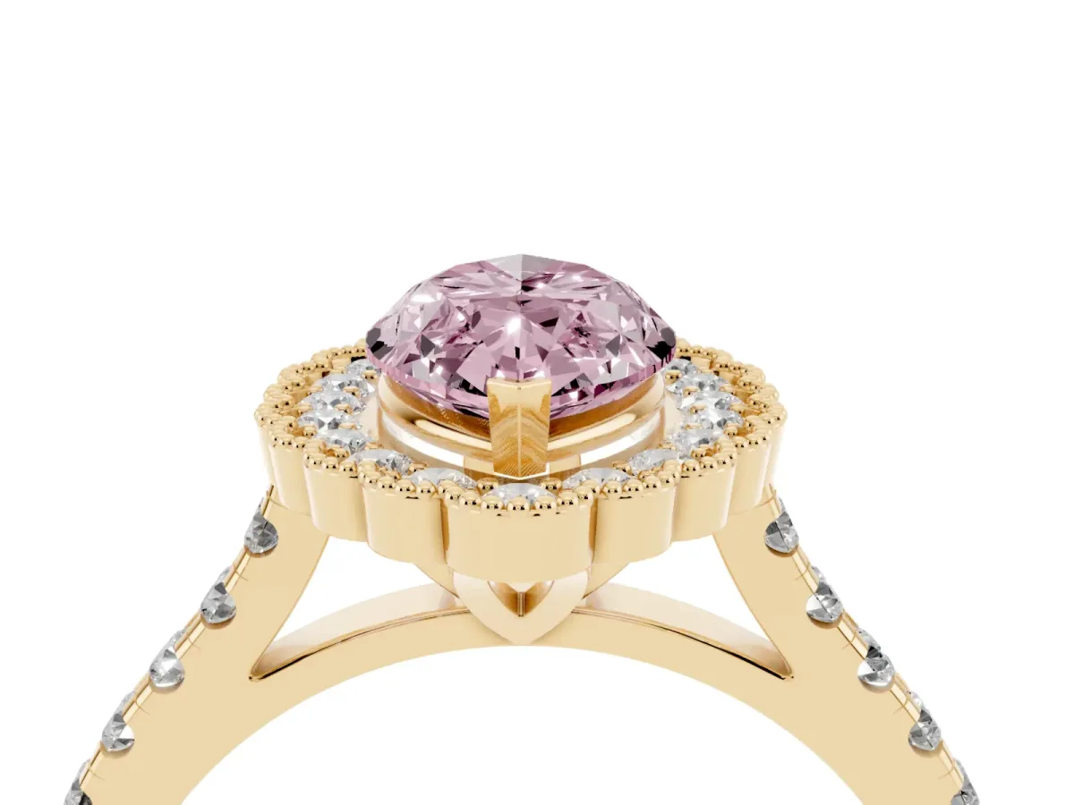 Fancy Pink Marquise Cut Cut Diamond Milgrain Floral Halo Engagement Ring with Pavé Band Yellow gold