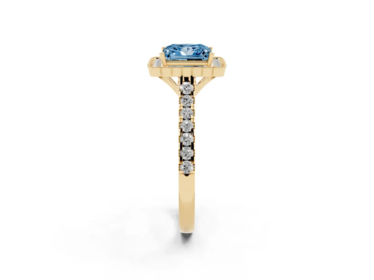 Fancy Blue Princess Cut Cut Diamond Milgrain Floral Halo Engagement Ring with Pavé Band Yellow gold