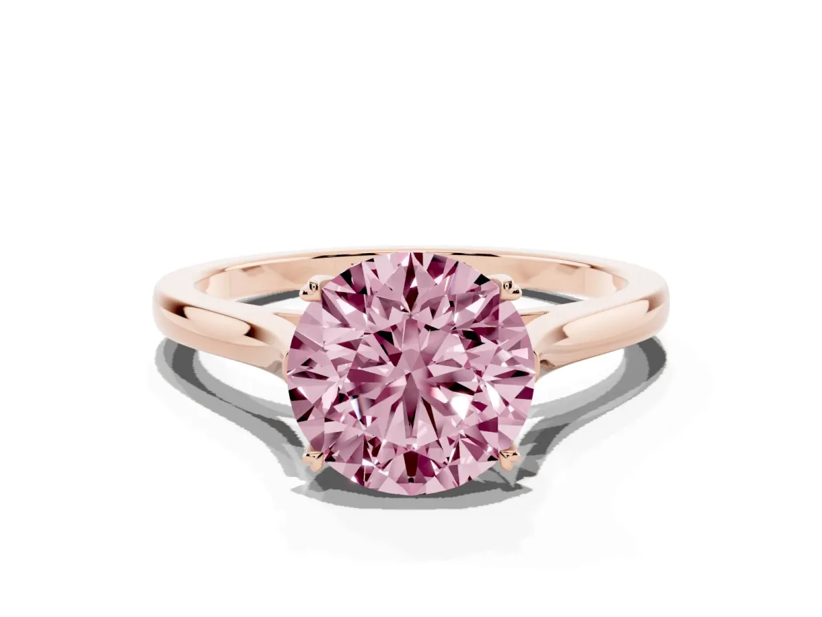 Fancy Pink Round Cut Solitaire Heart Prong Engagement Ring with Tapered Band Rose gold