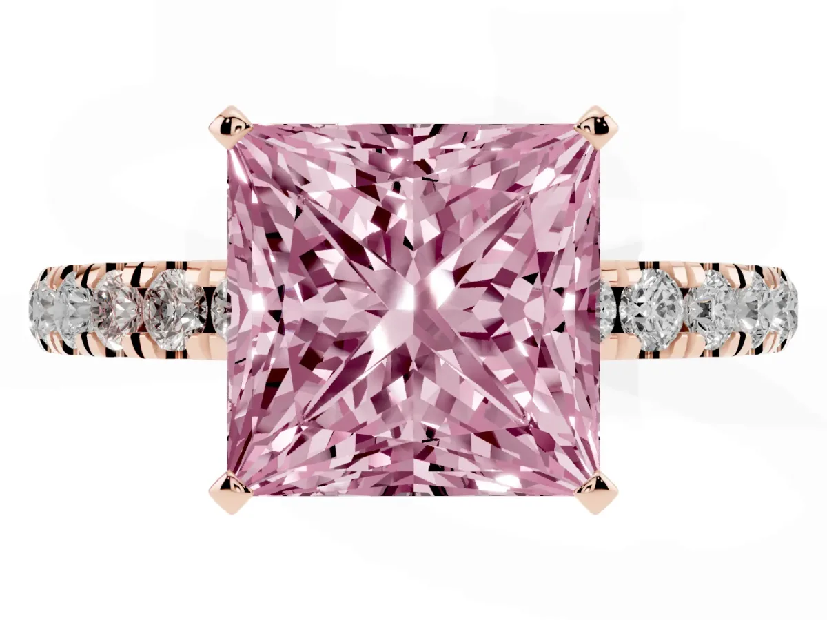 Fancy Pink Princess Cut Diamond Solitaire Ring with Pavé Accents and Four-Prong Setting Rose gold