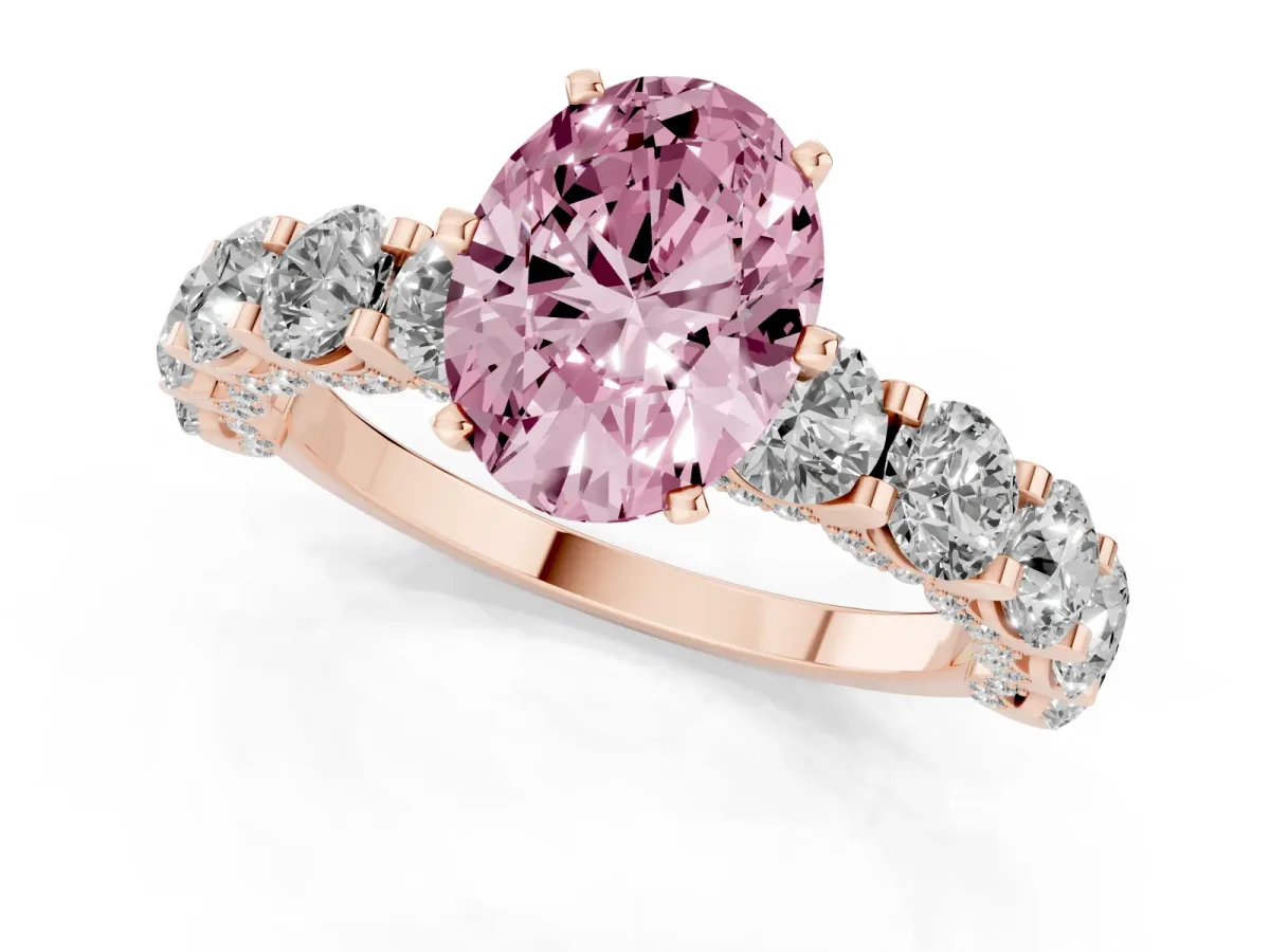 Fancy Pink Oval Cut Diamond Side Stone Engagement Ring with Four-Prong Setting Rose gold