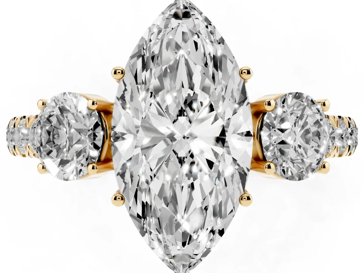 Marquise Cut Cut Diamond Three-Stone Ring with Round Side Stones and Pavé Band Yellow gold