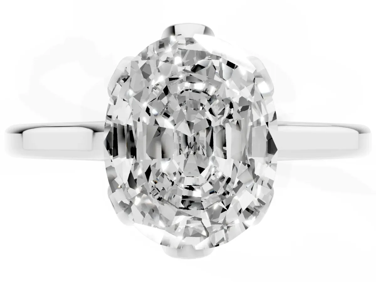 Oval Cut Diamond Solitaire Ring with Flower Prong Setting and Classic Band Silver