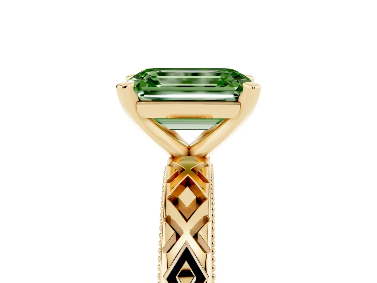 Fancy Green Emerald Cut Solitaire Diamond Ring with Milgrain and Black Enamel X Pattern Band Yellow gold