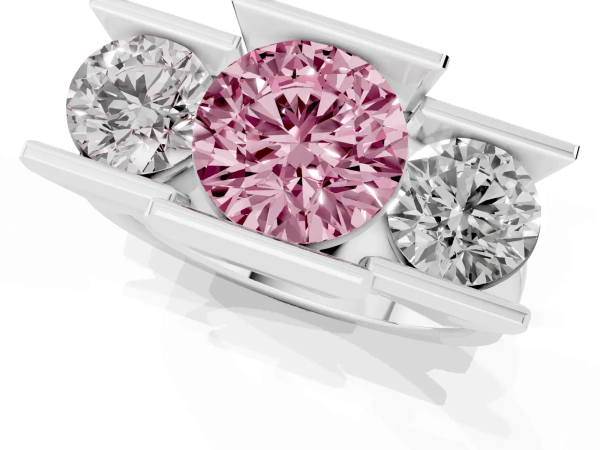 Fancy Pink Three Stone Round Cut Cut Channel Set Diamond Ring Platinum