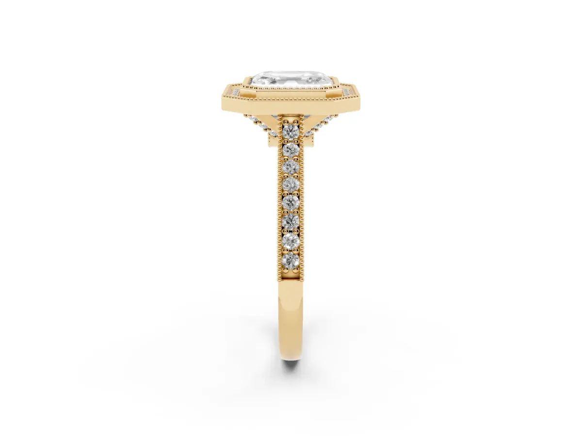 Halo Asscher Cut-Cut Diamond Pave Band Milgrain Prong Setting Ring Yellow gold