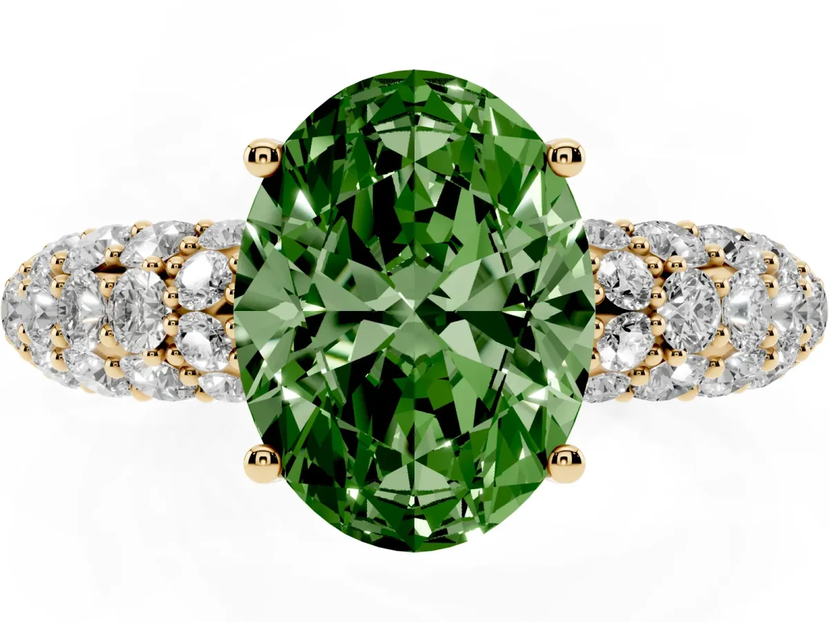 Fancy Green Oval Cut Diamond Pavé Band Solitaire Ring with Four-Prong Setting Yellow gold