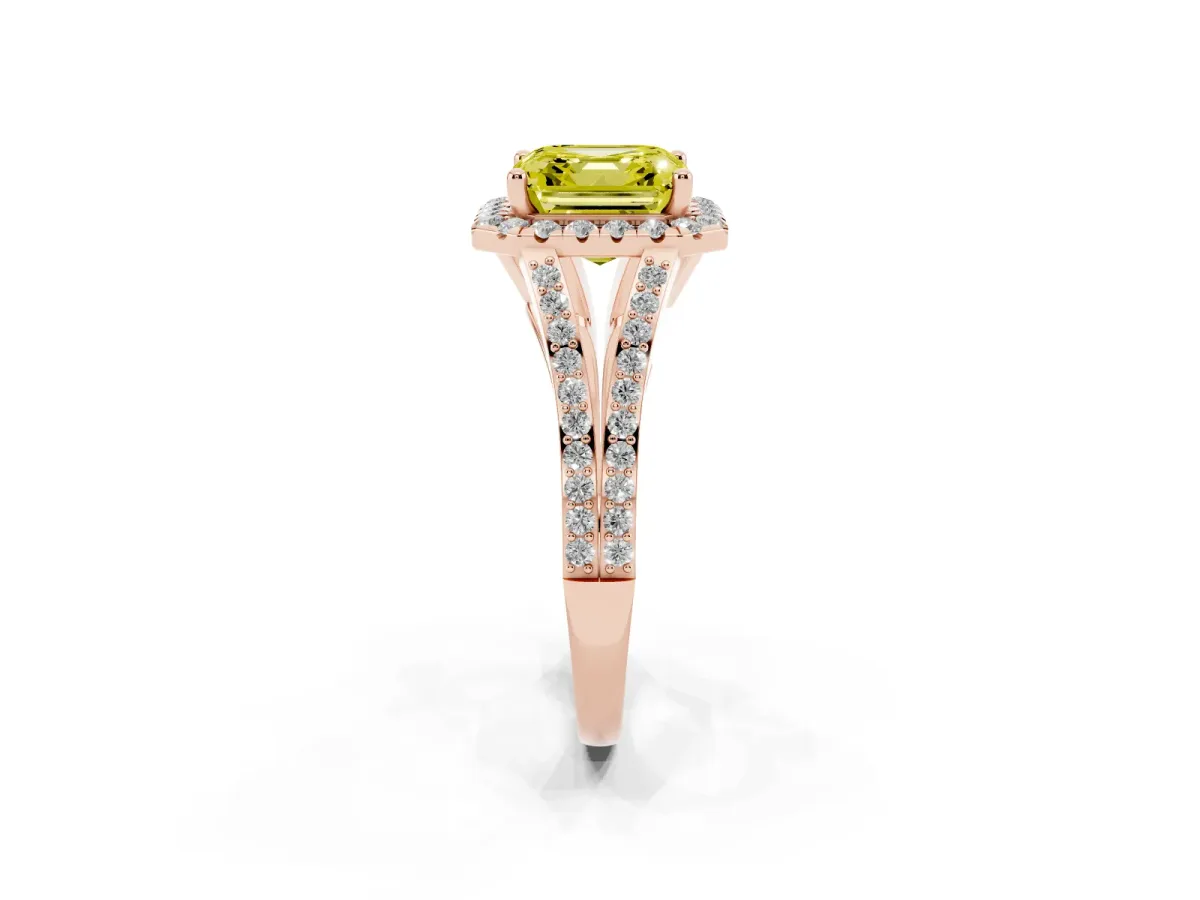 Fancy Yellow Asscher Cut Halo Split Shank Diamond Ring with Prong Setting Rose gold