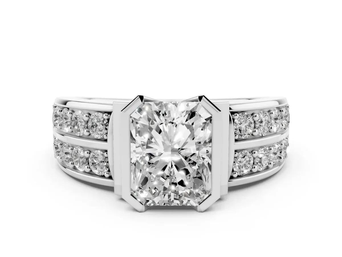 Radiant Cut Brilliant Diamond Channel Set Wide Band Ring with Bezel Setting Silver