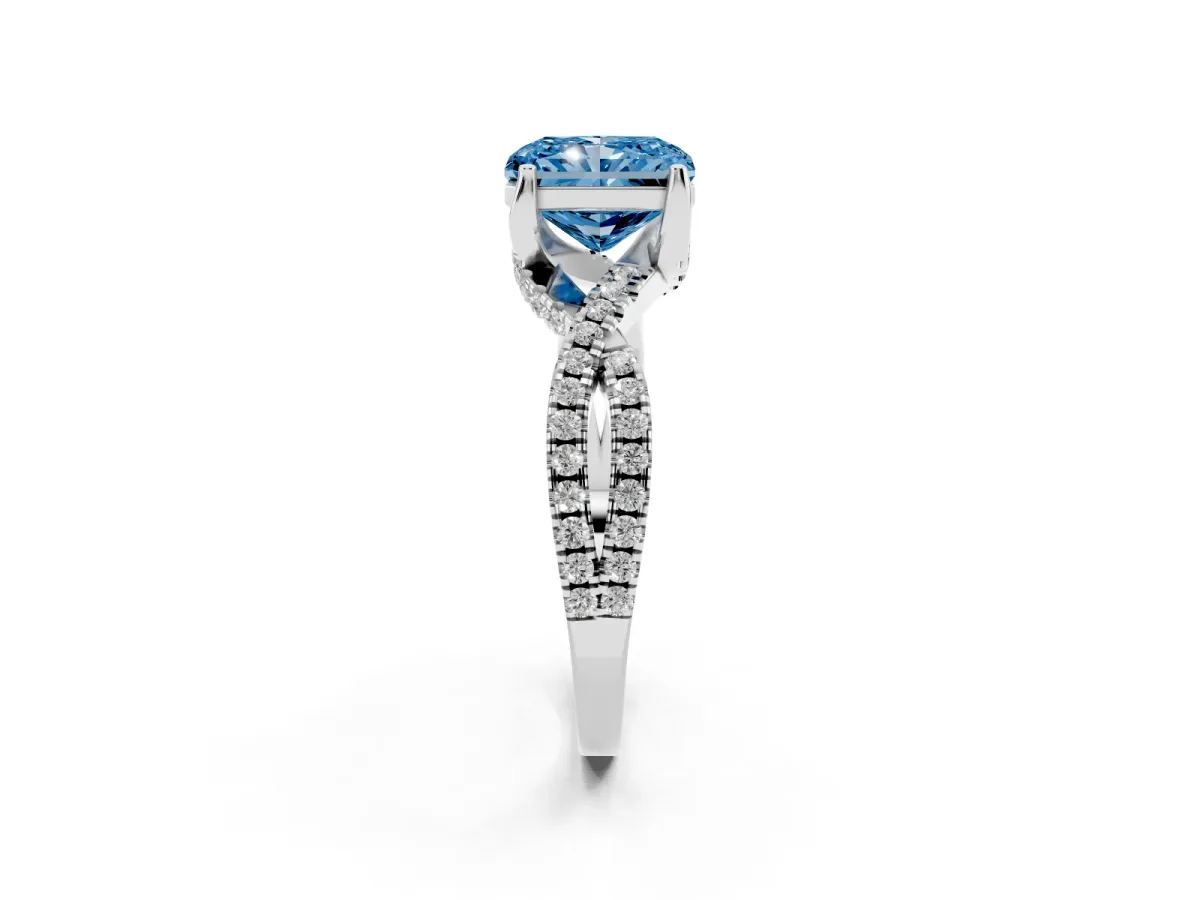 Fancy Blue Radiant Cut Solitaire Twist Pave Diamond Engagement Ring with Prong Setting Silver