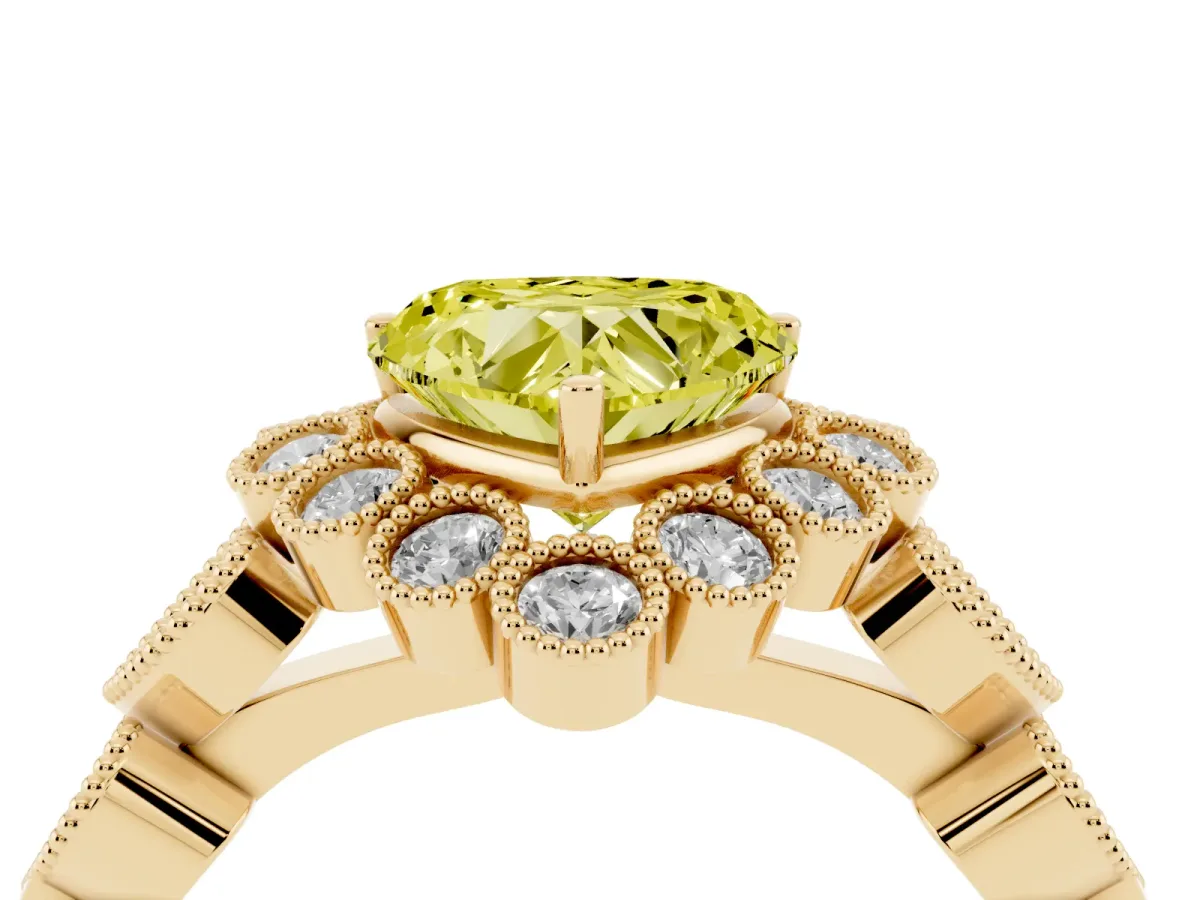 Fancy Yellow Heart Cut Brilliant Milgrain Pave Heart Band Solitaire Ring Yellow gold
