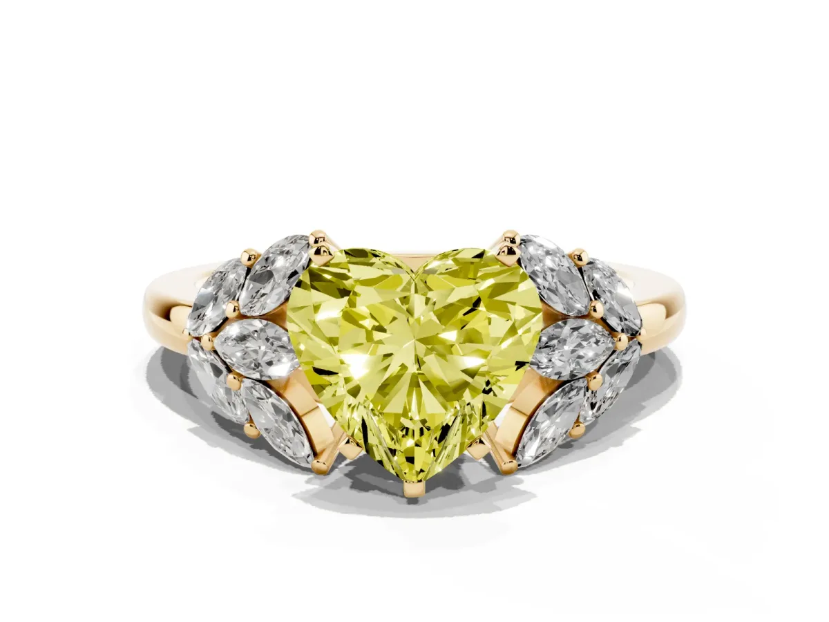 Fancy Yellow Heart Cut Diamond Cluster Leaf Design Ring with Prong Setting Yellow gold