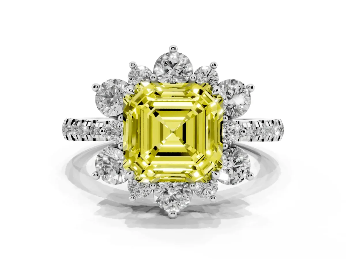 Fancy Yellow Asscher Cut Diamond Floral Halo Ring with Round Pavé Band and Prong Setting White gold